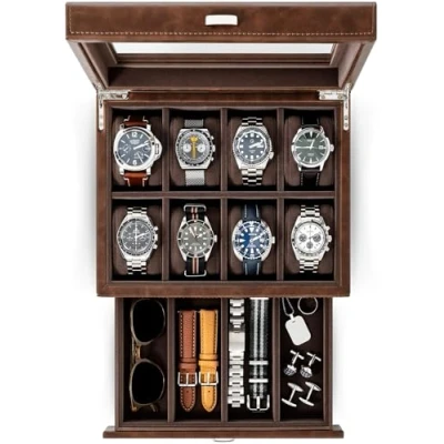Immagine di TAWBURY Scatola Porta Orologi con 8 Scomparti e Cassetto Uomo in Pelle Vegan Stile Rustico Espositore di Grandi Dimensioni Nero