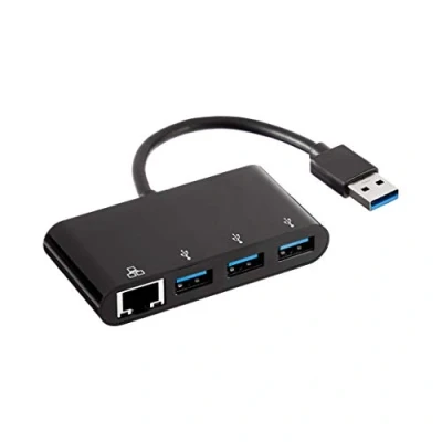 Immagine di Amazon Basics Adattatore A 3 porte USB 3.0 con porta gigabit ethernet, + 1 RJ45, Nero