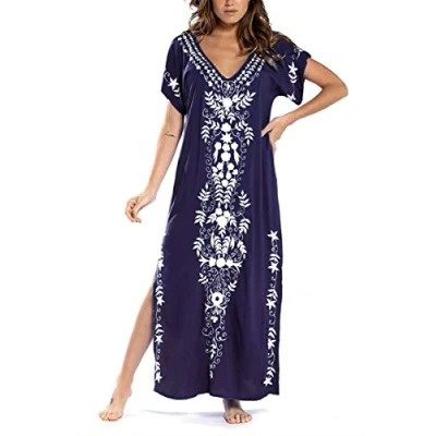 Immagine di YOUKD Abito Copricostume Bikini Boho Beach in Cotone Ricamato Floreale Sciolto Plus Size Loungewear per Le Donne