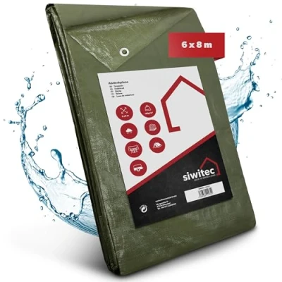 Immagine di siwitec telone di copertura 140 g/m², 6 x 8 m, in tessuto con occhielli e angoli rinforzati, impermeabile, diverse misure, per mobili da giardino, legno barche,