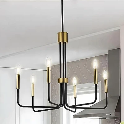 Immagine di Lampadari Moderni In Ottone Nero E Oro, Ø71cm Vintage A 6 Luci, Sospensione Regolabile Altezza, Sala Da Pranzo Isola Cucina Soggiorno Foyer Camera Letto E14 (Lampadine Non Incluse)