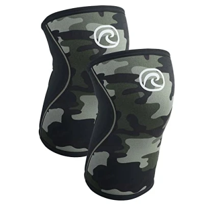 Immagine di Rehband Benda per ginocchio Powersport, fascia Cross Fit e allenamento pesante in neoprene da 5 mm, Colore:Camuffare 1 Paio, Misura:XL
