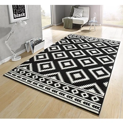 Immagine di HANSE Home Tappeto Ethno a pelo corto, motivo rombi, aspetto moderno, per sala da pranzo, soggiorno, cameretta dei bambini, corridoio, camera letto, cucina, colore nero, crema, 80 x 150 cm