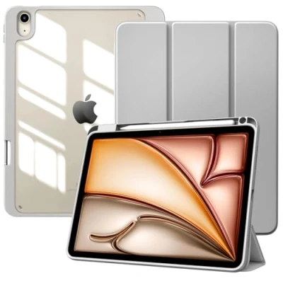 Immagine di TiMOVO Cover per iPad Air 11 Pollici M2 2024, 6/5/4 Generazione 2024/2022/2020 10,9&quot; con Portapenna, Custodia Protettiva Guscio Posteriore Trasparente, Auto Sveglia/Sonno,Grigio Chiaro