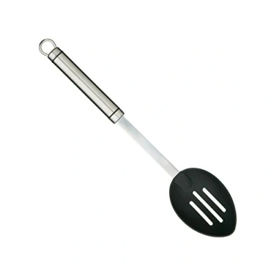 Immagine di PRO TOOLS &amp; SOFT GRIP KitchenCraft Professional Cucchiaio Forato in Acciaio Inox con Testa Nylon AntiGraffio, 35 cm, Colore Argento/Nero