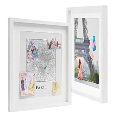 Immagine di PHOTOLINI 3D cornici 40x50 cm bianco, cornice profonda con vetro e passe partout, set di 2 per oggetti fino a 1,5 profondità, legno MDF perfetta il fai da te come regalo