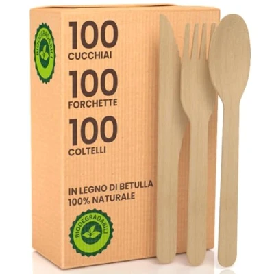 Immagine di Set Posate Ecologiche in Legno di Betulla 100 Forchette + Coltelli Cucchiai Monouso 100% Naturali Biodegradabili e Compostabili Usa Getta