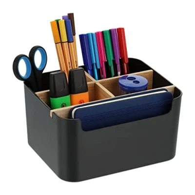 Immagine di Relaxdays Organizer da Scrivania, 5 Scomparti, Portatrucchi in Plastica e Legno, Portapenne, 9,5 x 18 15 cm, Nero