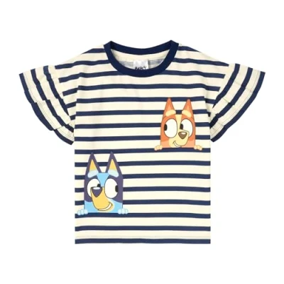 Immagine di Bluey T Shirt da ragazza Bingo con maniche a volant in cotone righe per ragazze Merchandise ufficiale, multicolore, 4 5 Anni