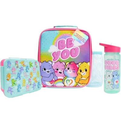 Immagine di Get Trend Care Bears Borraccia, Borsa Porta Pranzo e Merenda Bambini, 3 Pz Set, Materiale Scolastico, BPA Gratuito, A Prova di Perdite (Multi Bears)