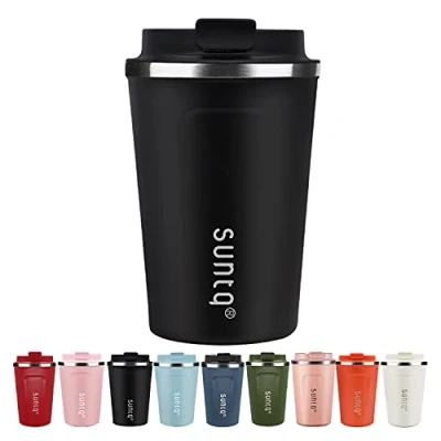 Immagine di SUNTQ tazza per caffè da asporto, in acciaio inox, a prova di perdite, con coperchio, riutilizzabile, termica usare viaggio, colore nero, 380 ml