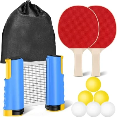 Immagine di Set di racchette da ping pong, 2 pong professionali 6 palline retrattili con sacca stoccaggio