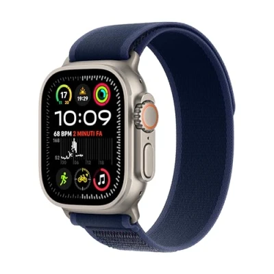Immagine di Apple Watch Ultra 2 GPS + Cellular 49 mm Sportwatch con robusta cassa in titanio Naturale e Trail Loop Azzurro M/L. Fitness tracker, di precisione, tanta autonomia, luminoso display Retina
