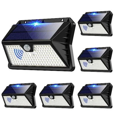 Immagine di Faro LED Esterno con Pannello Solare, 【6 Pezzi】Luce Solare Sensore di Movimento, 185 LED/3 Modos Lampada da Esterno, 2200mAh IP65 Impermeabile Lampione per Giardino, Parete