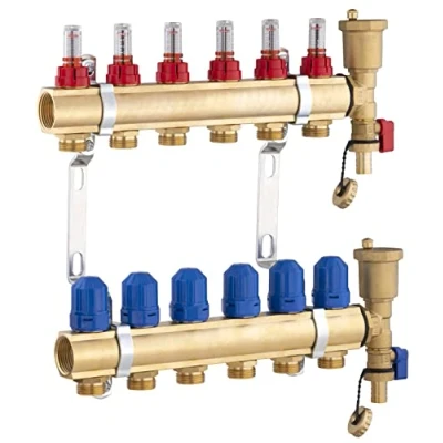 Immagine di Collettore per riscaldamento a pavimento in ottone 6 uscite/ritorni con flussimetri