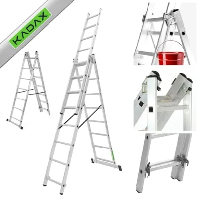 Immagine di KADAX Scala Multifunzione in Alluminio, Multiuso con Sistema di Bloccaggio Automatico e Piedini Antiscivolo, a Sfilo 3 Elementi (7 Gradini)