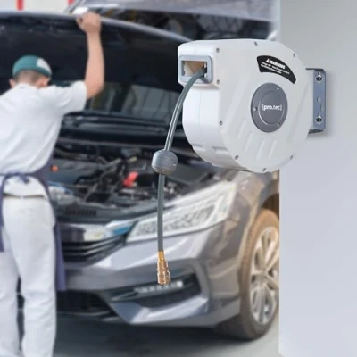 Immagine di pro.tec Avvolgitubo Automatico ad Aria Compressa con Tubo da 10+1 m Arrotolatore Montaggio a Muro Staffa Rotazione di 180 Collegamento 1/4&quot; Bianco