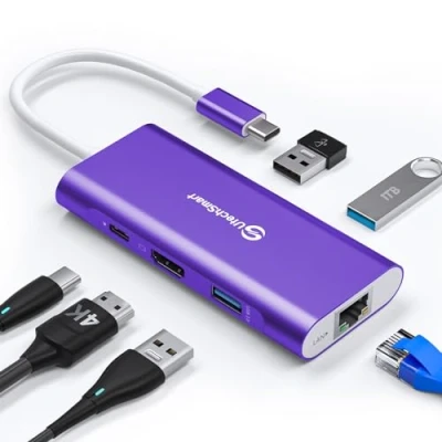 Immagine di UtechSmart Hub USB C, 6 in 1, adattatore C a HDMI, con Ethernet da 1000 m, PD 100 W, 3 porte 3.0, multiporta, compatibile MacBook Pro, dispositivi Chromebook (viola)