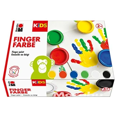 Immagine di Marabu, set di 6 colori vivaci Kids, ciascuno da 100 ml, adatti per dipingere con le mani all’asilo, a scuola, in terapia e casa, senza parabeni, vegani, lattosio, glutine, 0303000000081