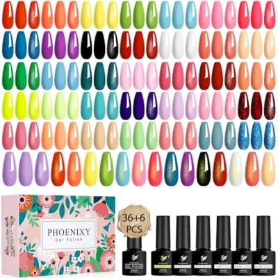 Immagine di PHOENIXY Kit Semipermanente Unghie, 42 PCS Smalti Semipermanenti per Unghie 36 Colori Smalto Lucido, Opaco, Argento Brillante e Oro Regalo Donne