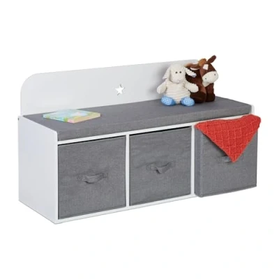 Immagine di Relaxdays Panca Contenitore per Bambini, Cassapanca Portagiochi Camera, HLP: 54 x 99 35 cm, Imbottita, Bianco Grigio, Fibra di Legno