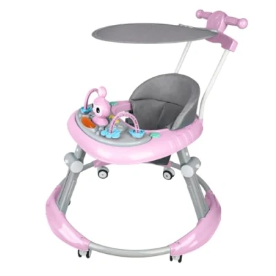 Immagine di girello pieghevole per neonati da 6 a 18 mesi, bambini con ruote silenziose, altezza regolabile, facile riporre 70 x 91 cm, rosa