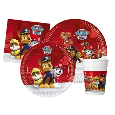 Immagine di Kit Party Tavola Paw Patrol Ready for Action per 24 persone (112 pezzi: piatti carta Ø23cm, Ø20cm, bicchieri plastica 200ml, 40 tovaglioli 33x33cm)