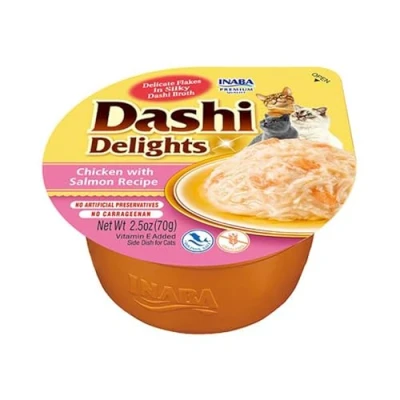 Immagine di INABA Dashi Delights, Delicati Fiocchi in Brodo di Pollo con Salmone Cibo Umido per Gatti Snack Ricco Proteine, Ingredienti Naturali Pasto Complementare 1 x 70gr
