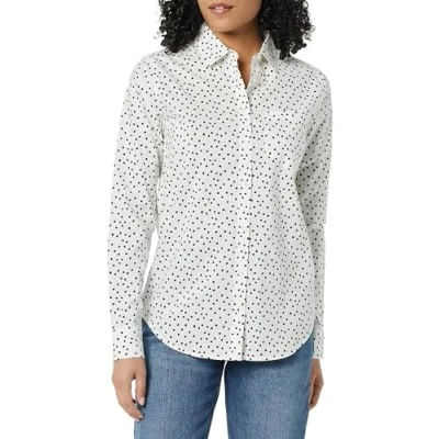Immagine di Amazon Essentials Camicia Button Down in Popeline a Maniche Lunghe con vestibilità Classica Donna, Nero Bianco Pois, L