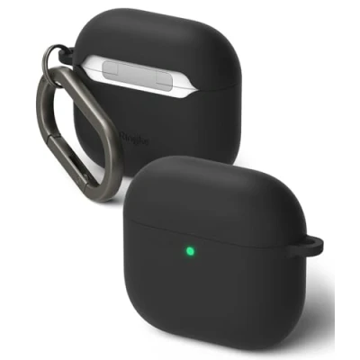 Immagine di Ringke Silicone Case Compatibile con Cover AirPods 4, Custodia Protettiva Resistente ai Graffi Moschettone e Portachiavi Black