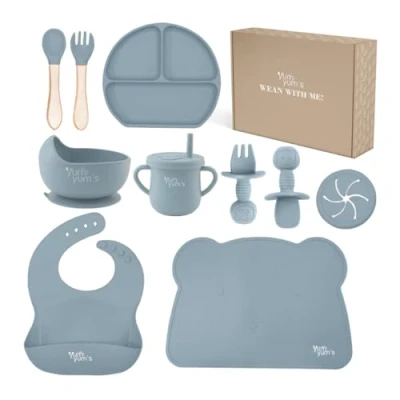 Immagine di Bpa Free Silicone Feeding Set presented by Yum Yum&#039;s Suction Bowl Baby Weaning Wooden Spoon and Fork Cup Divided Plate Easy to Clean Regolabile For Toddler Blu
