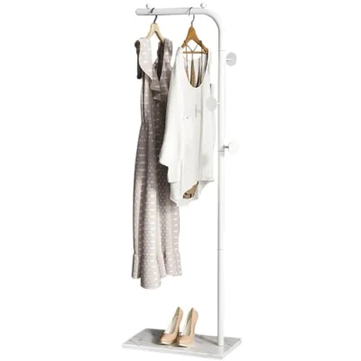 Immagine di QKBMFK Appendiabiti da Terra, in Metallo con 3 Ganci, Appendi Abiti Cappotti Cappelli Borse, per Ingresso Camera Letto Ufficio White+White,170CM