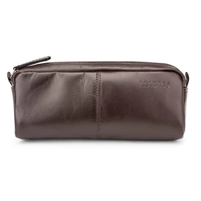 Immagine di LEABAGS Astuccio in Pelle Grande Portapenne Portatabacco Uomo Università Scuola Lavoro a Sacchetto Astucci Vera Porta Matite Choco