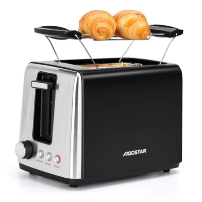 Immagine di Aigostar Tostapane 2 Fette, Supporto Griglia Riscaldante, 7 Livelli di Tostatura, Fessure Extra Larghe e Centratura Automatica, 3 Funzioni, Vassoio Raccogli Briciole, Nero Opaco Acciaio Inox, Delish