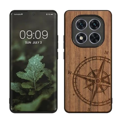 Immagine di kwmobile Custodia Compatibile con Xiaomi Redmi Note 14 Pro 5G / Poco X7 Cover Back Case in Legno Bumper Silicone TPU Bussola vintage marrone scuro