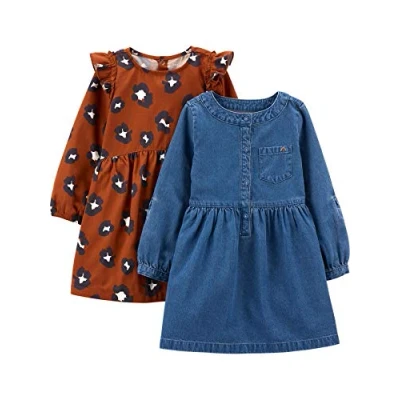 Immagine di Simple Joys by Carter&#039;s 2 Pack Long Sleeve Dress Set Abito Casual, Chambray/Maculata, 18 Mesi (Pacco da 2) Bambina