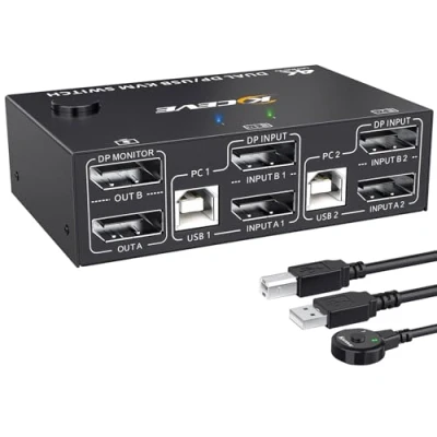 Immagine di KVM Switch Displayport Dual Monitor, 4K 144Hz Display esteso 2 in out, DP 1.4 a 4 porte USB per PC Monitor e Mouse Wireless, Tastiera, Stampante, Scanner, con cavo