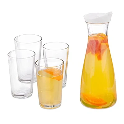 Immagine di Relaxdays Caraffa in Vetro con 4 Bicchieri, Set Cucina e Tavola, Bottiglia 1 Litro, Tappo Dosatore, Brocca, Trasparente