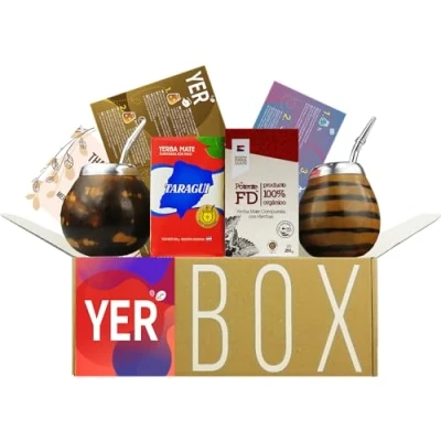 Immagine di YERBOX Yerba Mate Tee Set: Taragui Tradizionale 250g + Fede Rico Potente 2x Bicchieri di Zucca Kalebasse Bombilla in Acciaio Inossidabile Spazzola per la Pulizia