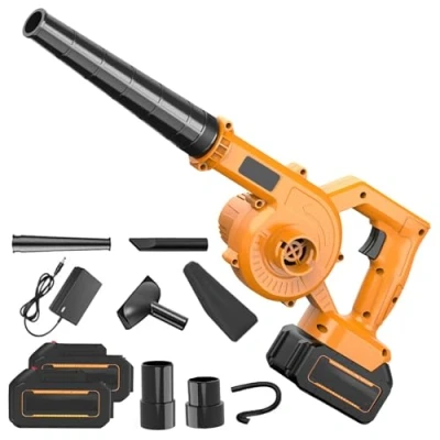 Immagine di 21 V soffiatori di foglie, soffiatore a batteria, termico, aspiratore senza fili, per garage, corsi, neve, foglie morte, capelli (giallo: 2 batterie + 1 caricabatterie)