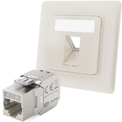 Immagine di hb digital presa di rete CAT 7 da incasso 1 porta RAL9010 bianco puro + modulo Keystone RJ45 LAN Ethernet per 5e 6 6a 600MHz 10 Gb/s STP