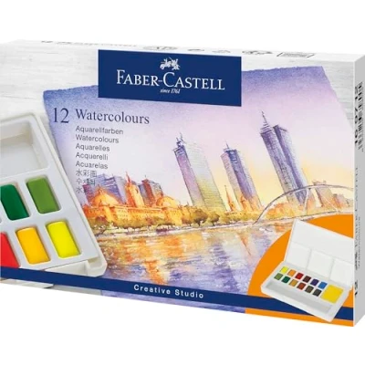 Immagine di Faber Castell 169712 Set di colori ad acquerello, 12 barattoli, inclusa tavolozza e pennello per principianti artisti hobby