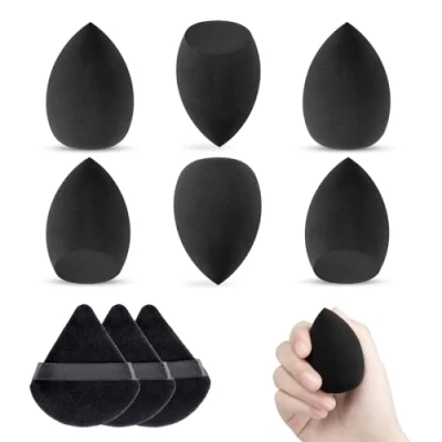 Immagine di Set di 6 spugnette trucco make up con 3 puff cipria triangolo, nero riutilizzabili spugna per fondotinta liquido,powder polveri fard