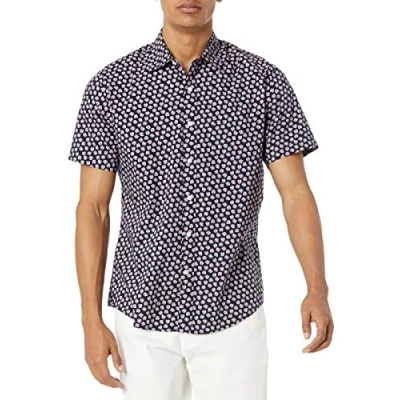 Immagine di Amazon Essentials Camicia con Stampa a Maniche Corte vestibilità Regolare Uomo, Blu Marino/Rosa Conchiglie, S