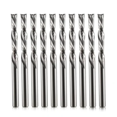 Immagine di EU_HOZLY 10 punte per fresa a spirale, 2 flauti, taglio verso il basso, diametro di 1/8&quot;, gambo lunghezza 22 mm, CNC in metallo duro