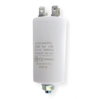 Immagine di DEKAROX condensatore universale 8µF 450 V Ø30 x 57 mm con bande AMP da 6,3 mm, vite di fissaggio M8 CBB60, avviamento e funzionamento per elettrodomestici