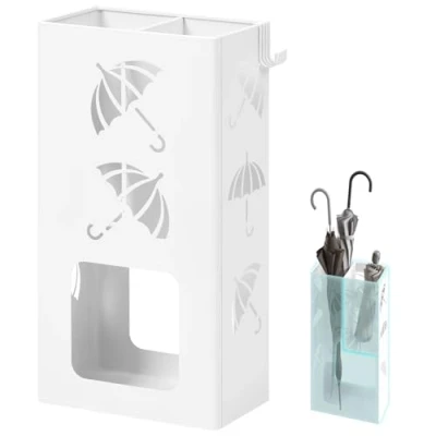 Immagine di WOLTU Portaombrelli con 4 Ganci, 2 Aree Separate, in Metallo Antiruggine, Design a Conca, per Corridoio e Ingresso, Bianco, SST16ws