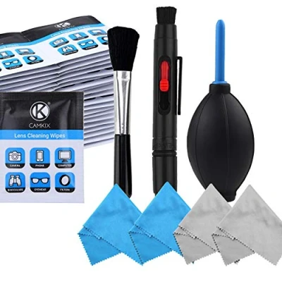 Immagine di Kit di pulizia per fotocamere DSLR e obiettivi, comprende pennino pulente a punta doppia obiettivo, flacone spray riutilizzabile, spazzola pompetta, quattro panni in microfibra
