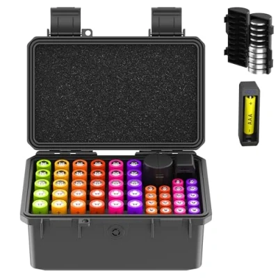 Immagine di KIWIFOTOS AAA, organizer per batterie con tester batteria, IP67, impermeabile, custodia rigida contiene 30 AA e 18 AAA 10 a