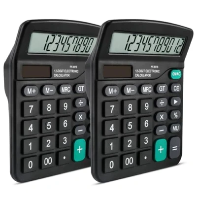 Immagine di Pavlleen 2 pezzi Calcolatrice, Calcolatrice ufficio da Tavolo con Display LCD 12 Cifre, Pulsanti Grandi, Doppia Alimentazione Solare e Batteria, Funzione Standard, per Ufficio, Casa, Scuola, Nero